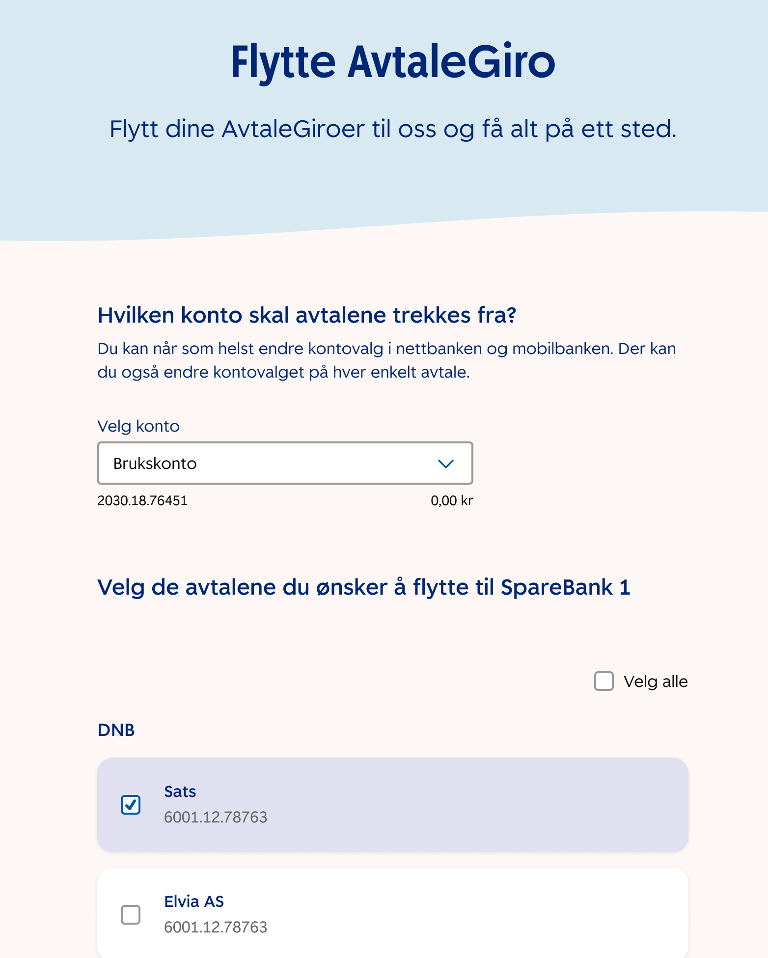 Enkelt å flytte AvtaleGiro til SpareBank 1. Skjermbilde.